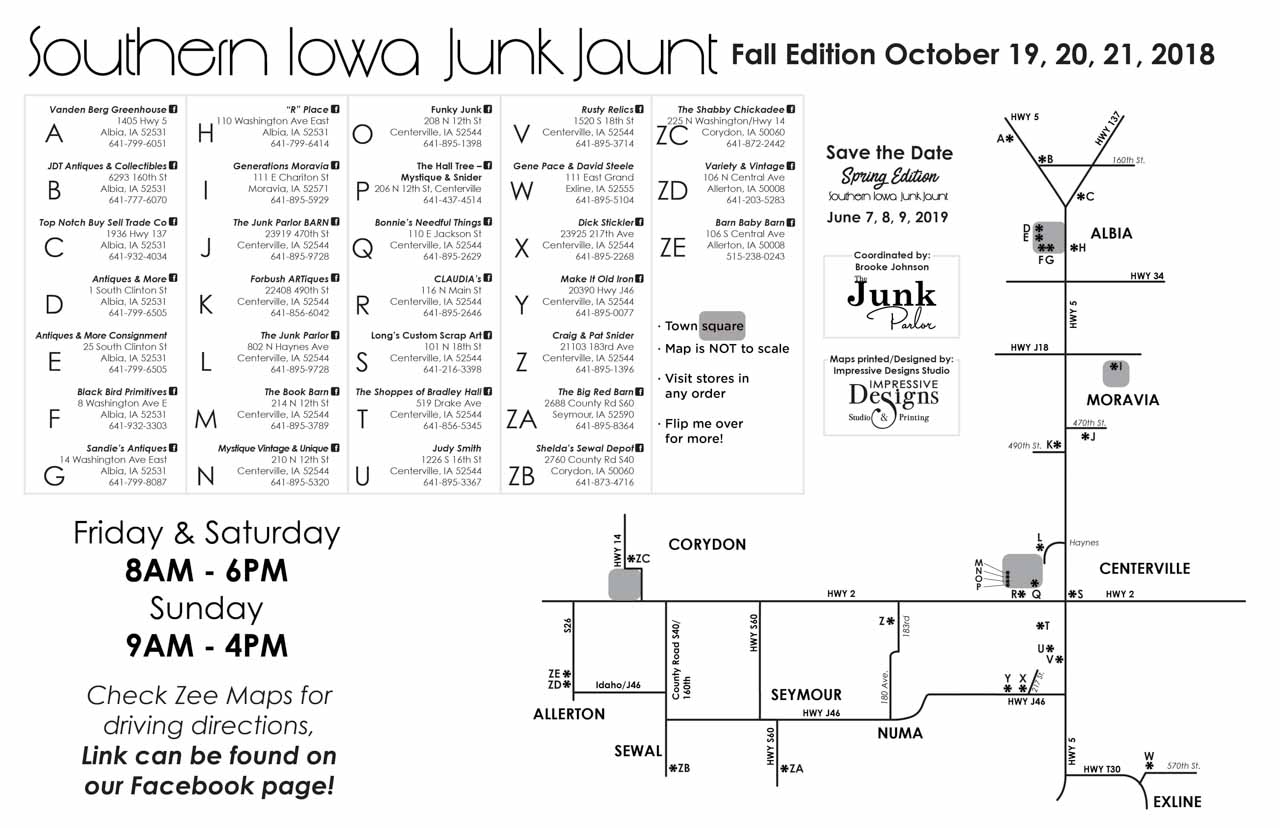 Southern Iowa Junk Jaunt, The Junk Parlor, map, road trip, junk jaunt, antiques, Iowa, Centerville, Albia, vintage, fall