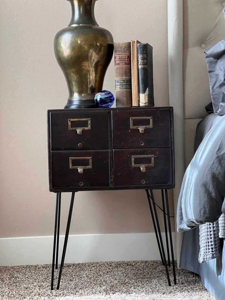Completed repurposed card catalog into a night stand. thejunkparlor.com