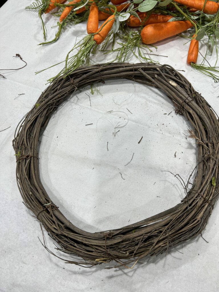 Grapevine wreath after carrots have been removed.