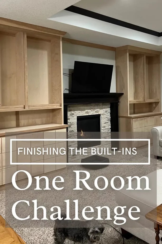 Pinterest Pin for week 7 of the One Room Challenge, staining the built-ins