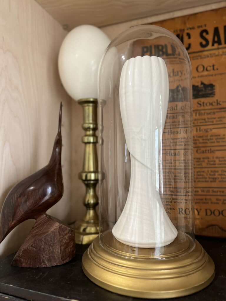 Vintage matte vase sitting underneath a cloche with a brass base.