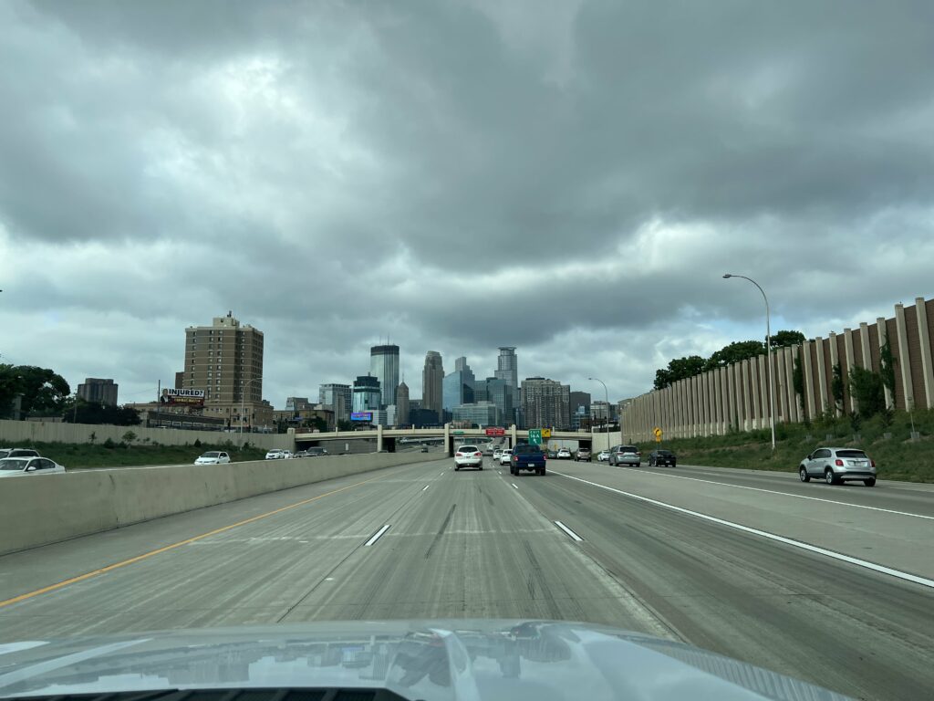 Driving in to Minneapolis, clouds and skyline