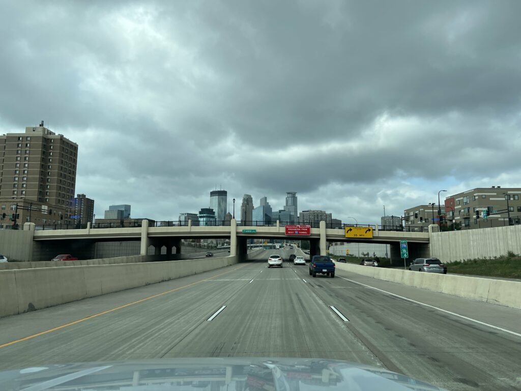Driving in to Minneapolis, clouds and skyline