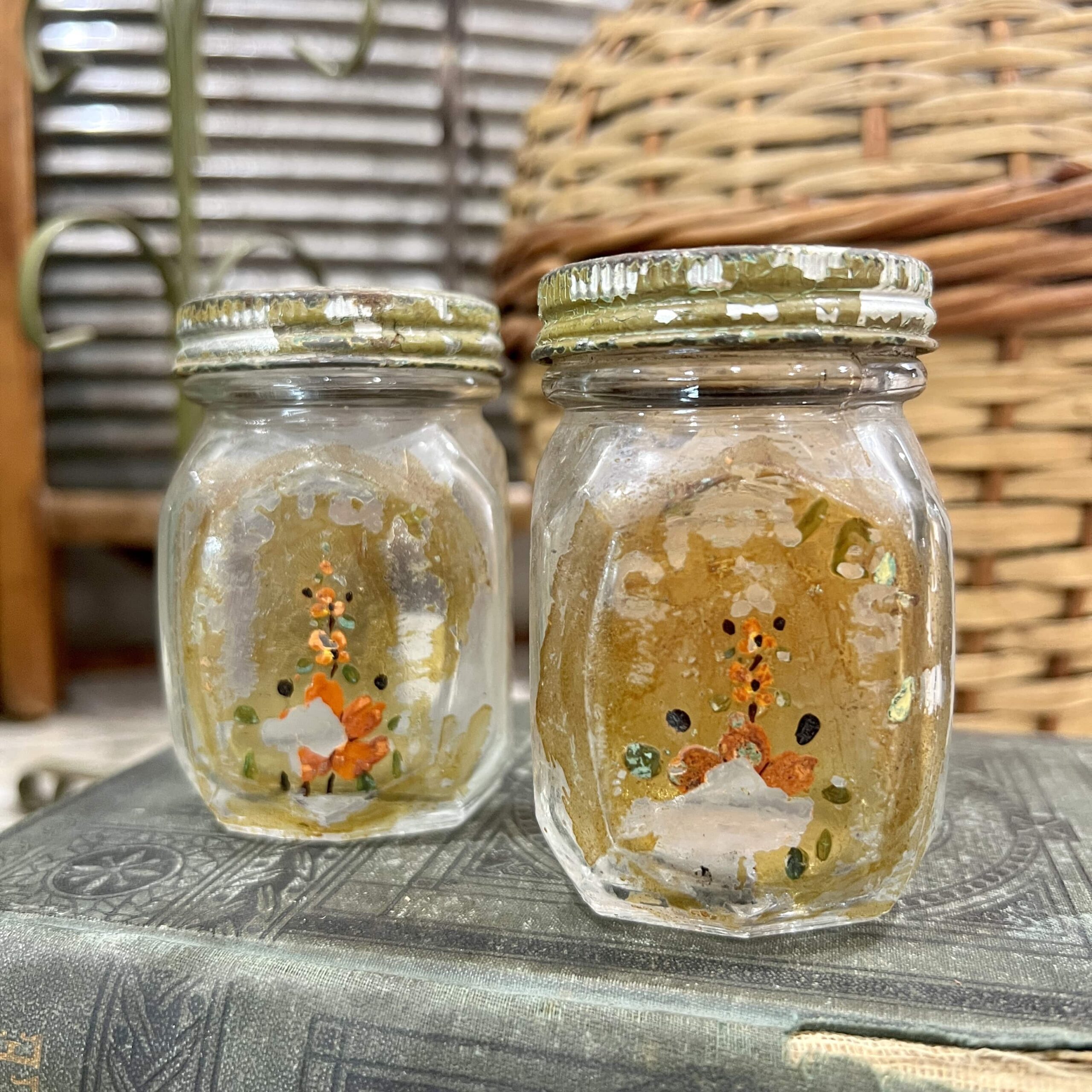 Vintage Hoosier Cabinet Hand Painted Glass Spice Jars - The Junk Parlor