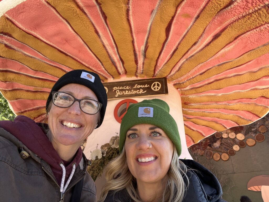 Selfie with Hilary in front of the mushroom.