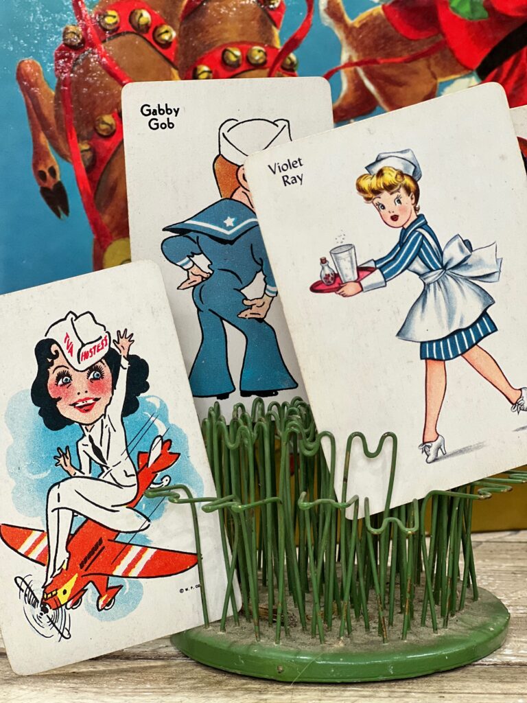 old maid cards in a hair pin flower frog