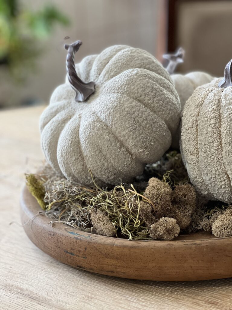 pumpkins and moss on a round bread board