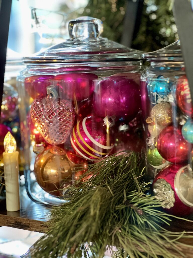 old ornaments in glass jars