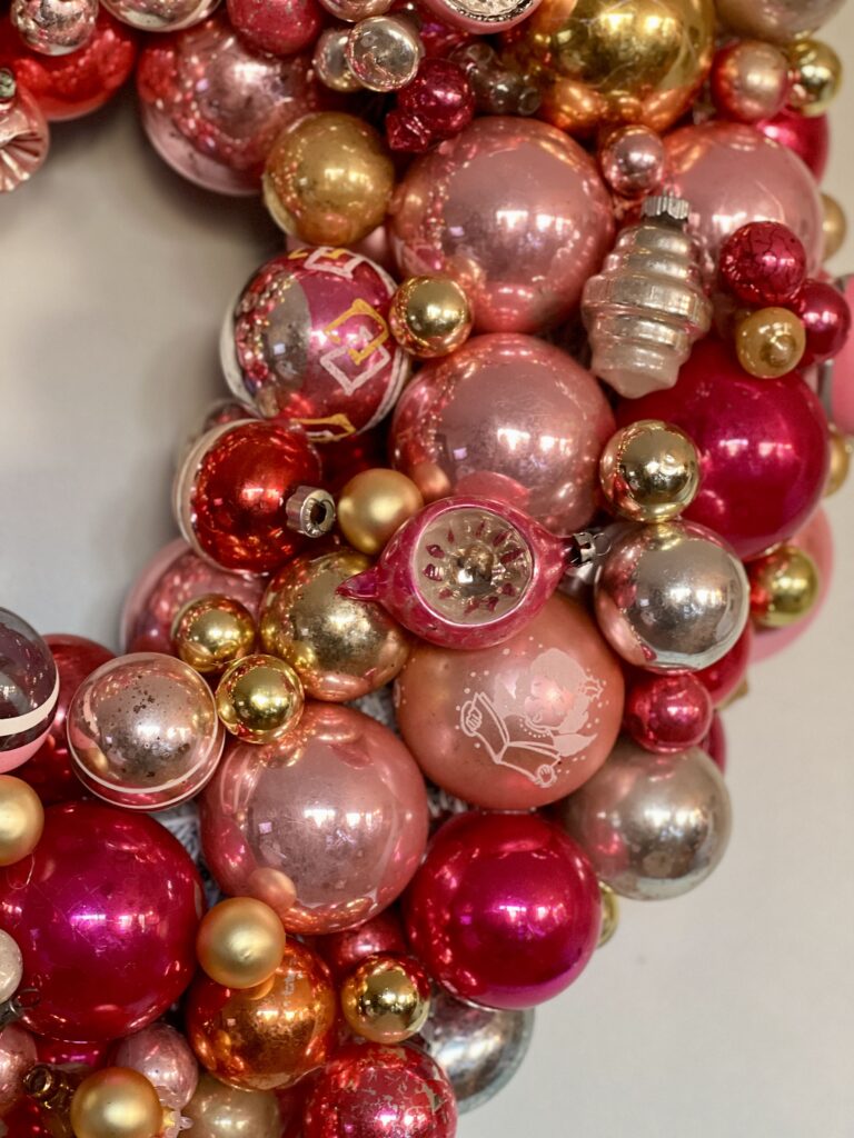 close up of shiny brite ornament wreath