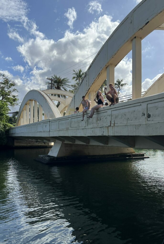 Kids jumping off the rainbow bridge